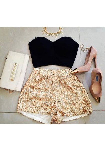 Gold Sequined Shorts - Lookbook Store | Fashion, Night out outfit .