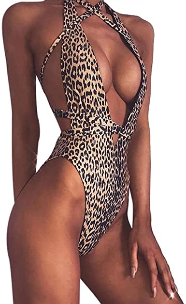 WM & MW Swimsuits for Women Sexy Bandage Deep V Leopard One Piece .