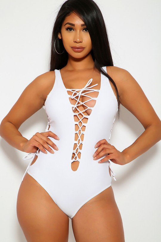 Sexy White Lace Up Woven Cut Out One Piece Swimsu