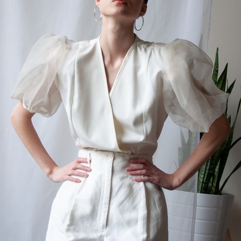 80s wrap organza puff sleeve, s-m | Fashion, Puff sleeve blouse .