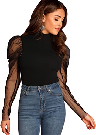 Romwe Women's Mesh Puff Sleeve High Neck Slim Fit Party Blouse Top .