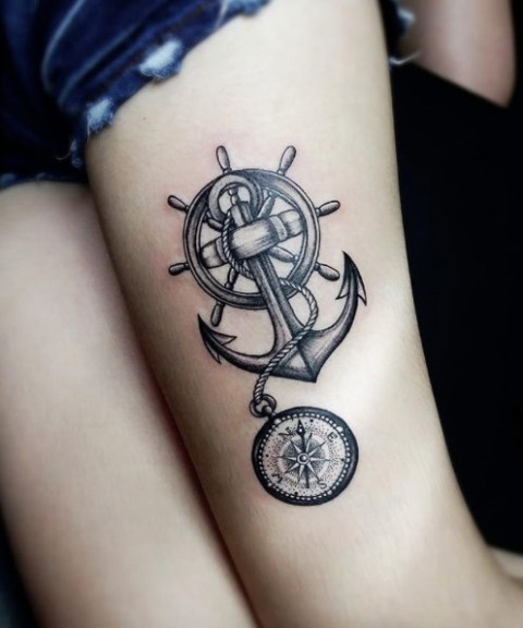 Picture Of Compass, anchor and ship wheel tatt