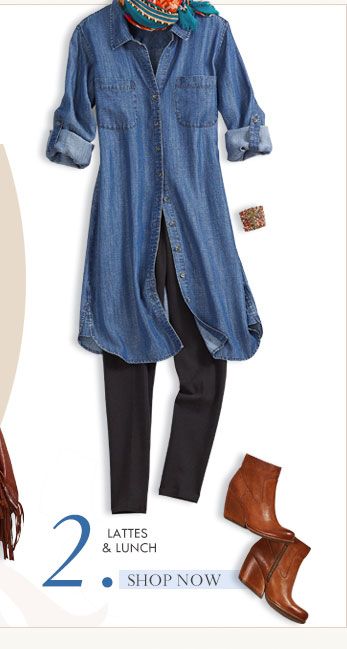 similar denim dress from The Gap - worn with leggings and boots .