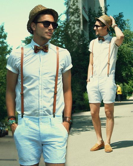 Beautiful dot short sleeve shirt and stripe shorts, suspenders and .
