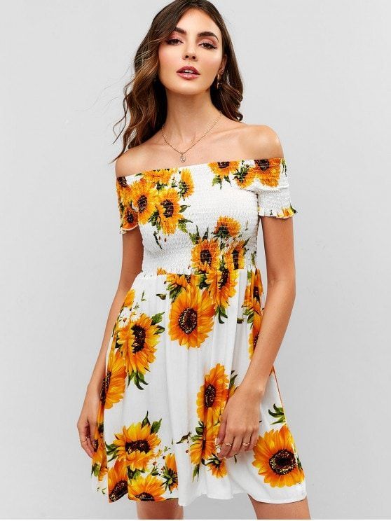 Smocked Sunflower Off Shoulder Dress | Pretty dresses, Summer .