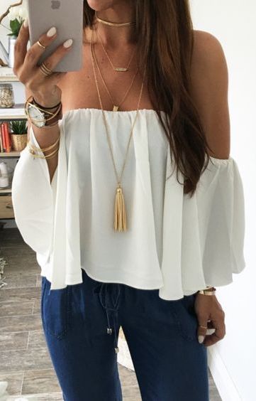summer #outfits / white off the shoulder top + denim | Fashion .
