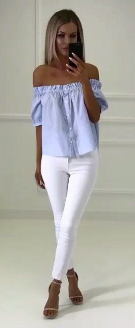 Blue striped off the shoulder top with white jeans | Fashion .