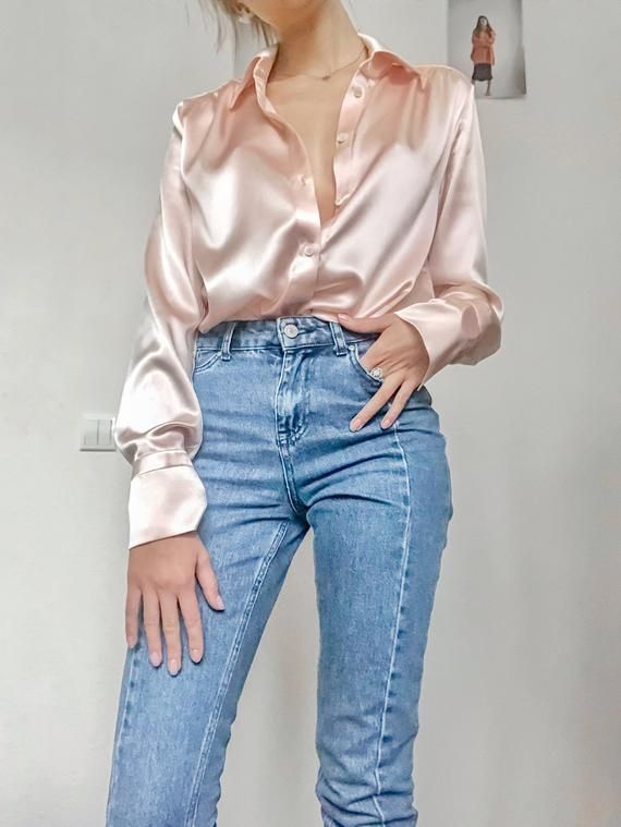 Women silk shirt in peach pink Stretch silk blouse Long sleeve .