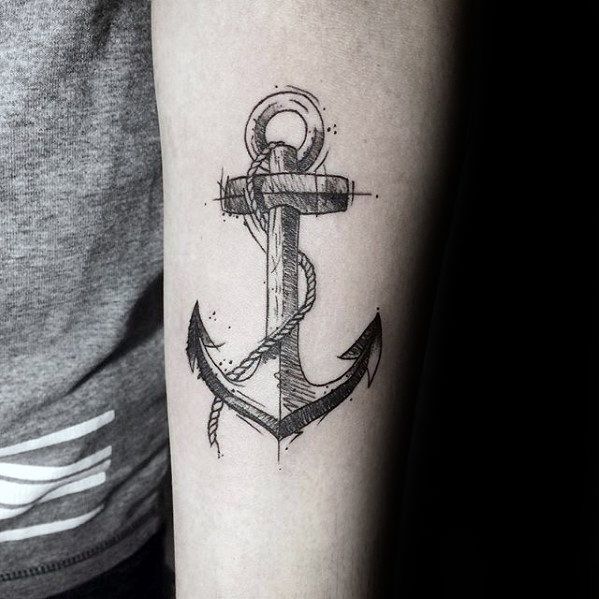 Black And Grey Sketched Small Anchor Inner Forearm Tattoos For Men .