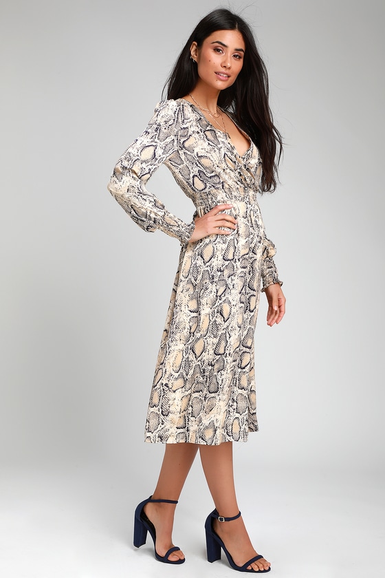 Cute Snake Print Dress - Long Sleeve Dress - Midi Dress - Lul