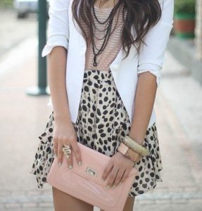 I love the combo of the blazer, soft pink striped shirt, animal .