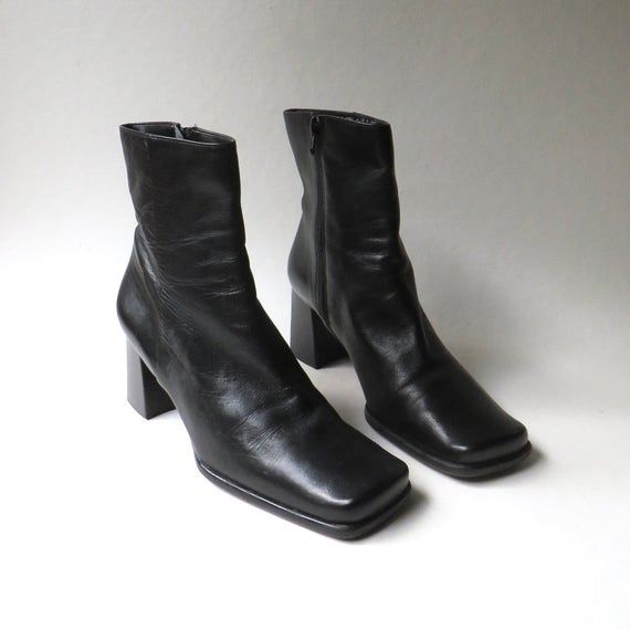 90s vintage Nine West Black Leather Chunky Heel Square Toe Ankle .