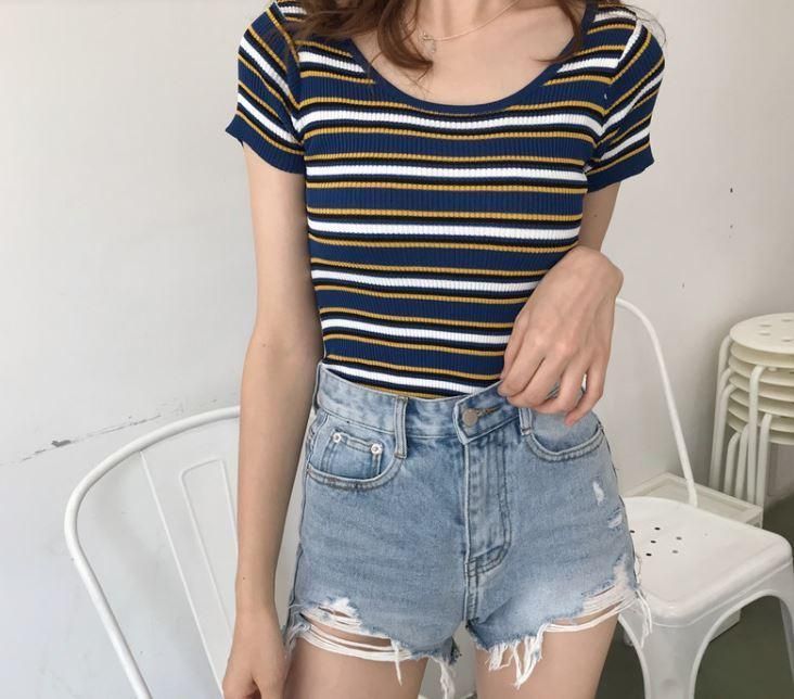 COLORFUL STRIPES ROUND NECK COTTON CROP TOP | Crop top outfits .