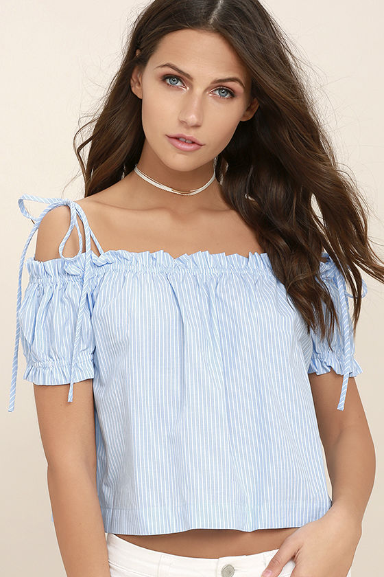 Cute Blue and White Top - Striped Top - Off-the-Shoulder Top .