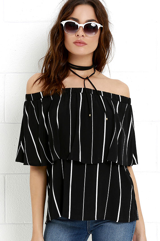 Cute Striped Top - Off-the-Shoulder Top - Ivory and Black Top .