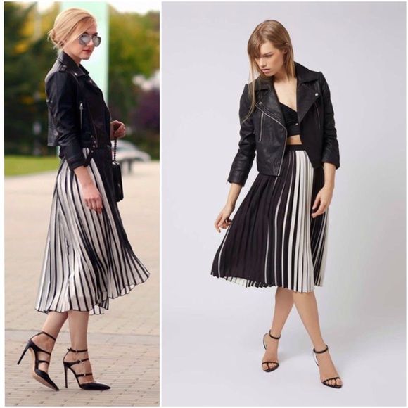 Bershka Black & White Striped Pleated Midi Skirt | Pleated midi .