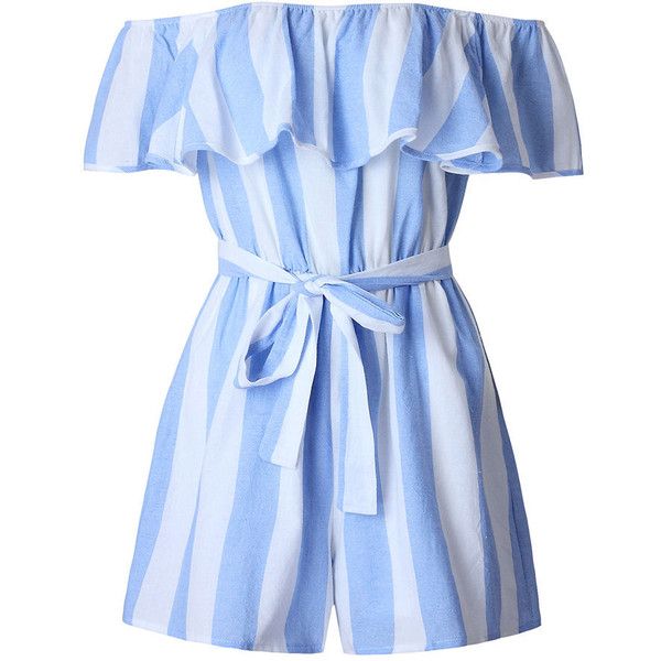 Off Shoulder Flounce Vertical Striped Romper (115 RON) ❤ liked on .