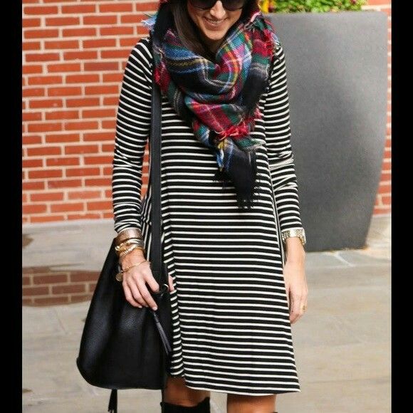 Black and white striped dress with plaid scarf and boots. Pattern .