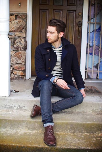 With striped shirt, cuffed jeans and brown shoes | Trendy fall .