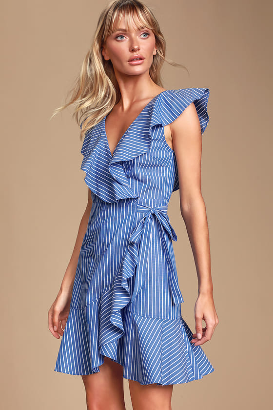 Valencia Blue Striped Ruffled Wrap Dress | Wrap dress, Backless .