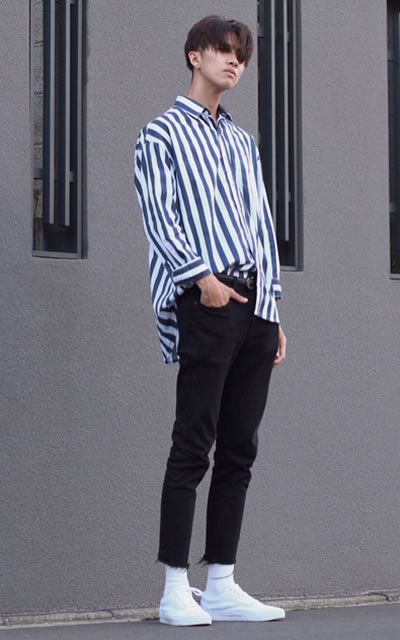 Minimal, stripe shirt, black denim fit Japanese esque style, high .