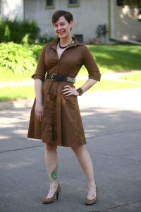 Already Pretty outfit featuring brown shirtdress, studded belt .