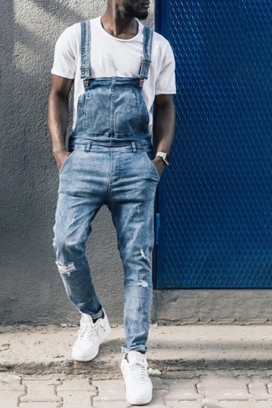 Mens Street Fashion Light Blue Ripped Detail Overall Jeans Basic .