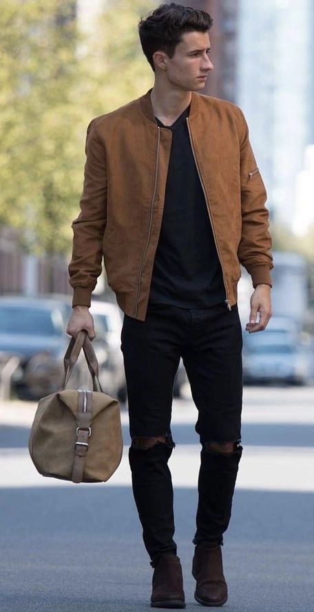 marco_meyerhoefer - with a brown suede bomber jacket black t-shirt .