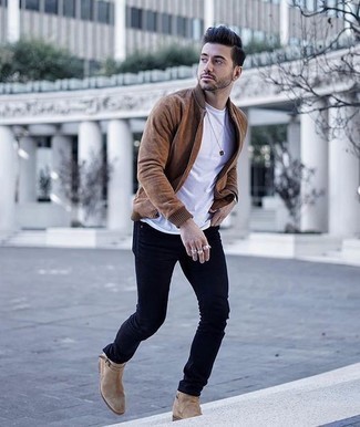 Tan Suede Chelsea Boots with Brown Suede Bomber Jacket Outfits For .