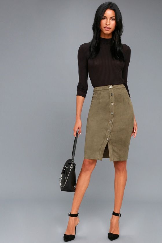 Rigby Olive Green Suede Button-Up Pencil Skirt | Red pencil skirt .