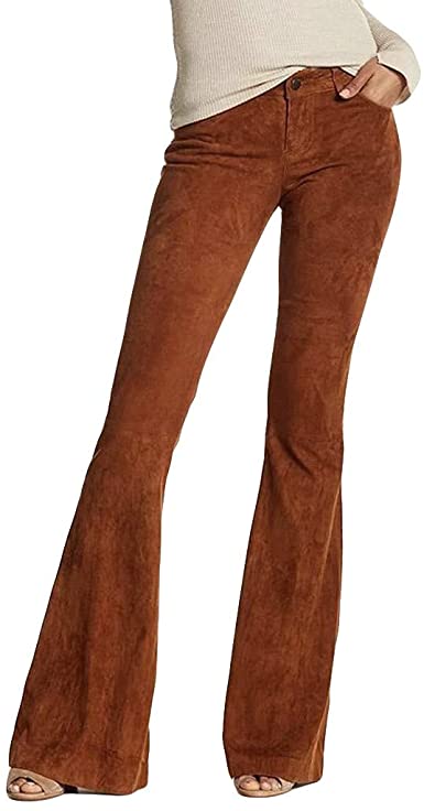 Amazon.com : Women's Low Waisted Bell Bottom Pants Faux Suede Pull .