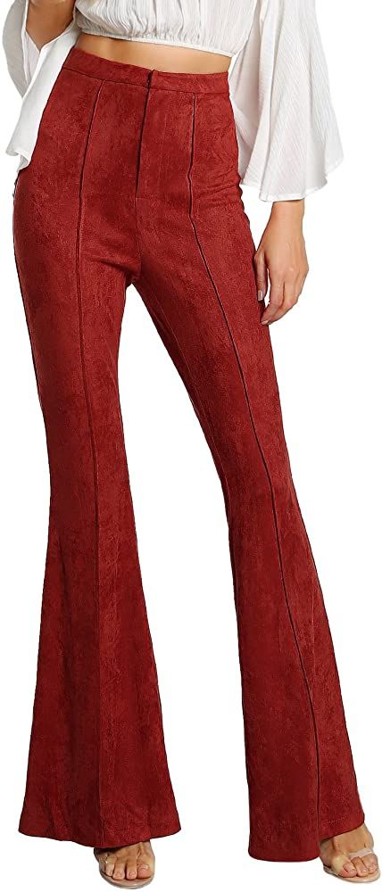 MakeMeChic Women's Solid Faux Suede Flare Pants Bell Bottom .
