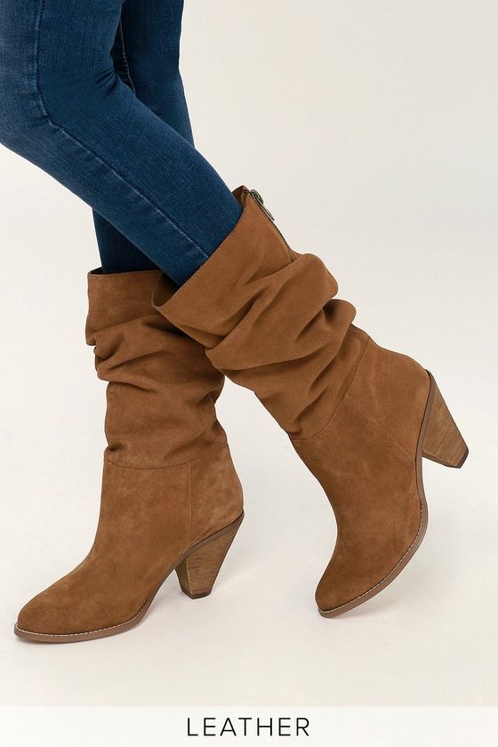 Stella Rusty Brown Split Suede Leather Mid-Calf Boots | Heels .