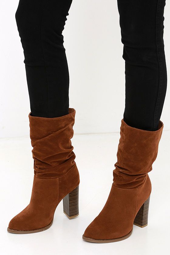 OK to Slouch Tan Suede High Heel Mid-Calf Boots | Heels boots .