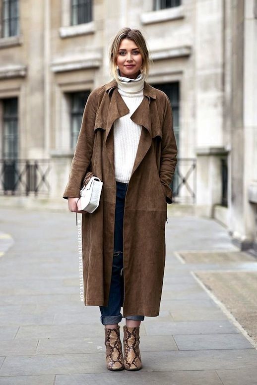 Street Style: Go Neutral In A Suede Trench And Python Boots (Le .