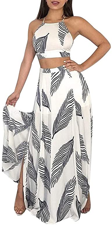 Amazon.com: Women 2 Piece Outfit Summer Tropical Printed Halter .
