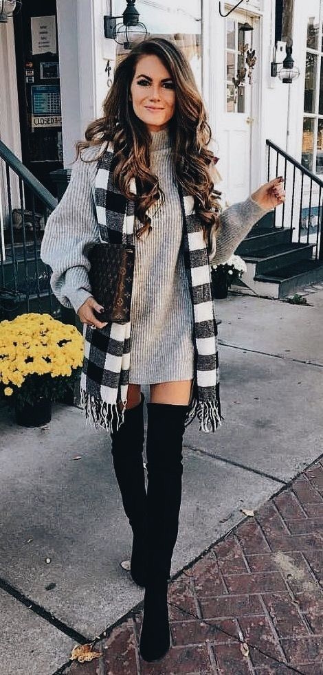 Gray sweater dress with cute plaid scarf and black OTK boots .