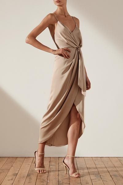 Oro Tie Front Cocktail Midi Dress | Stone | Dresses | Shona Joy .