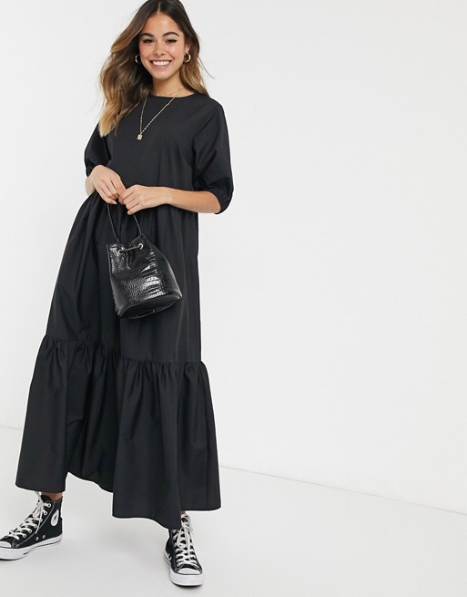 ASOS DESIGN tiered cotton poplin smock midi dress in black | AS