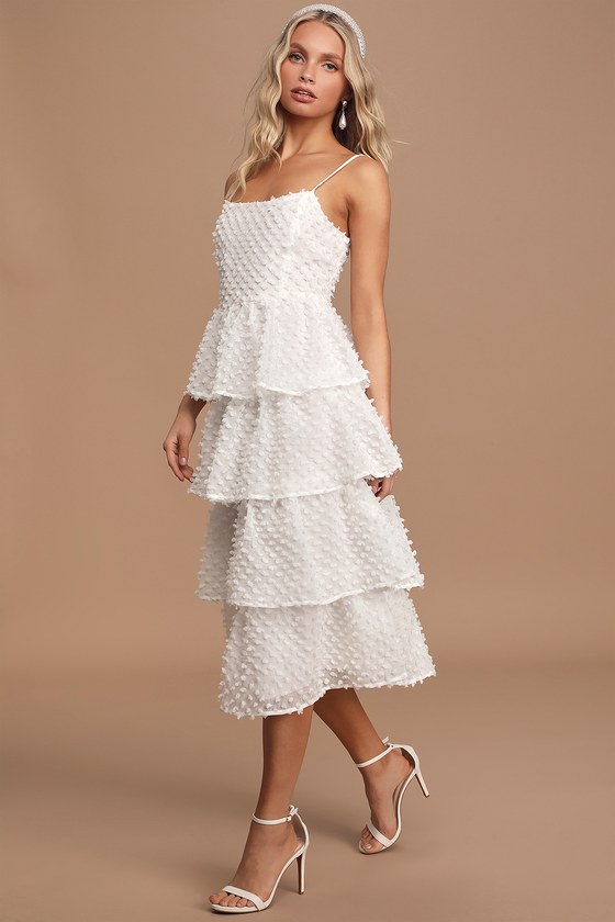 Cute White Tiered Dress - Pom Pom Midi Dress - Ruffled Midi Dress .