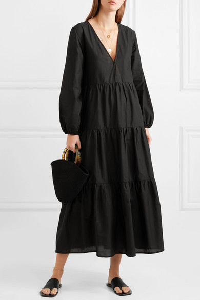 Black Tiered cotton-poplin maxi dress | Matteau | Black tiered .