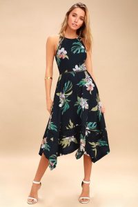 You and Lanai Navy Blue Tropical Print Midi Dress | Dresses .