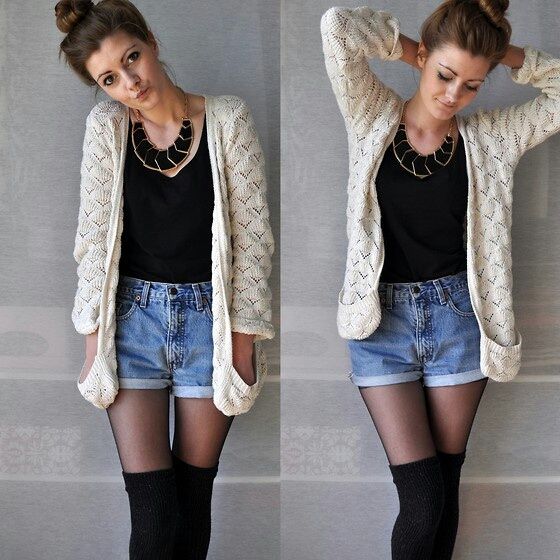 Shorts, cardigan, tights, tucked in shirt. For the fall. | Fashion .