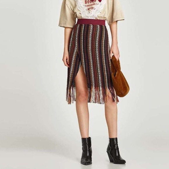 Zara Skirts | Nwt Striped Tweed Fringe Faux Wrap Skirt | Poshma