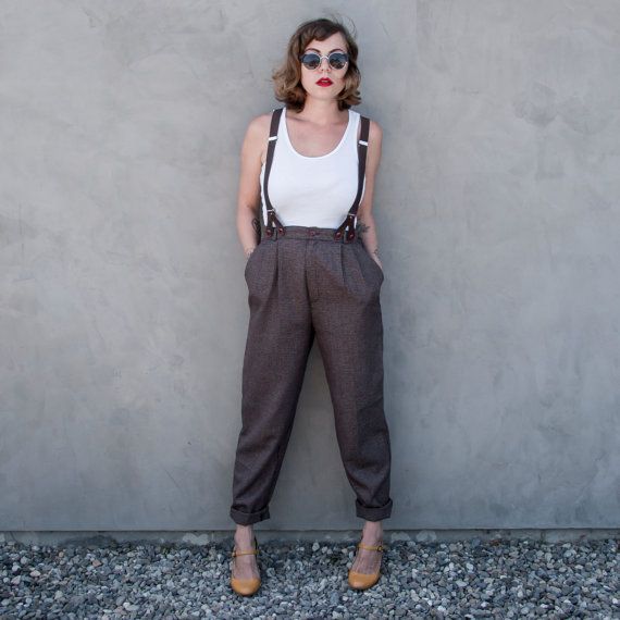 R E S E R V E D Womens High Waisted Tweed Trousers with Suspenders .