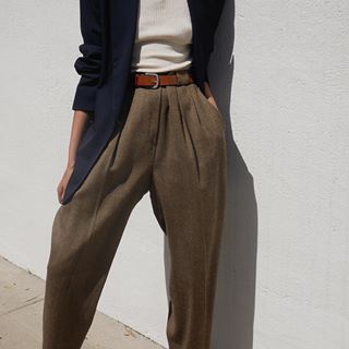 Coffee tweed high waisted pleated trousers. Such an amazing fit .