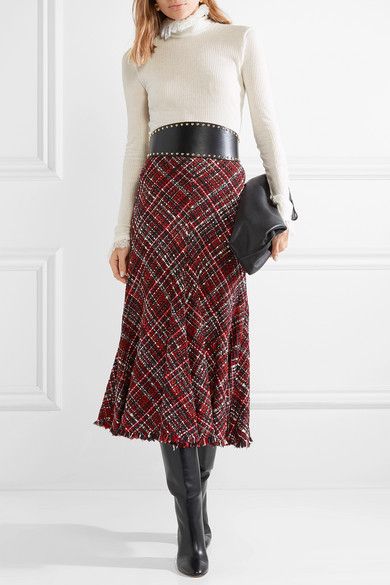 Red Frayed tweed midi skirt | Alexander McQueen | Stylish skirts .