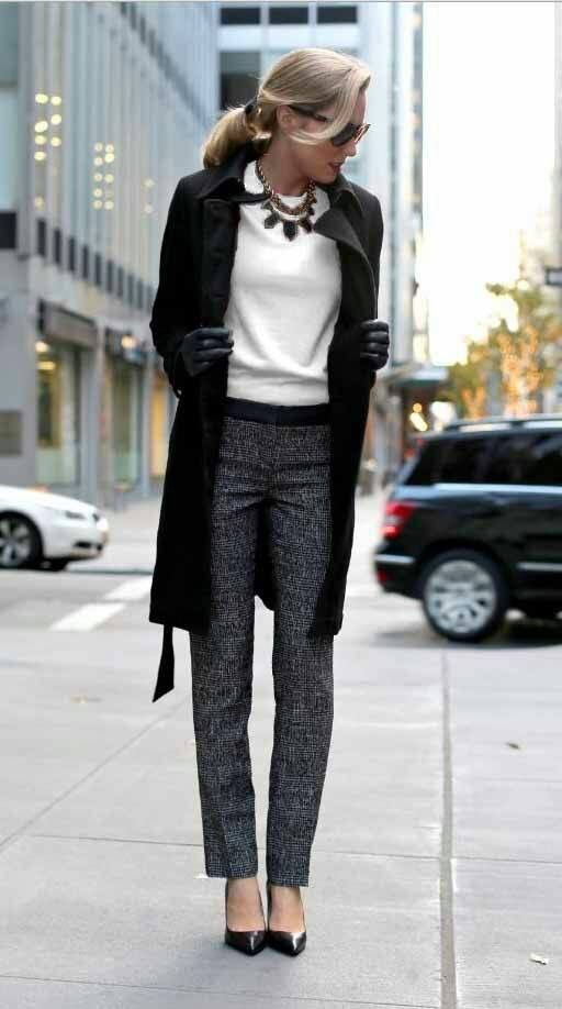Perfect work outfit. Tweed pants, long black blazer, white tee .