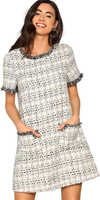 Floerns Women's Tweed Short Sleeve Shift Tunic Dress with Pockets .