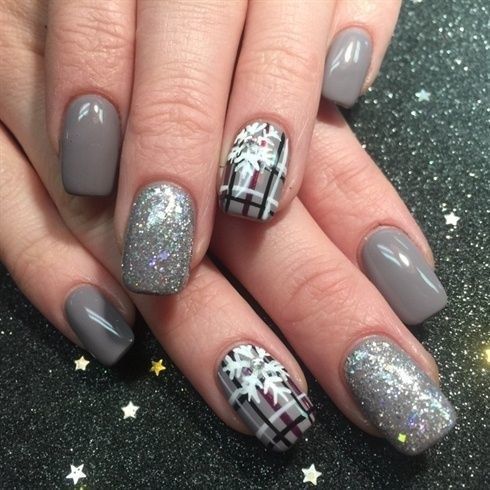 grey nails with glitter ones and plaid snowflake ones for those .